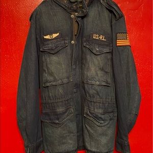 POLO RALPH LAUREN Mens Navy USA Military Patch Denim Field Jacket  SZ M